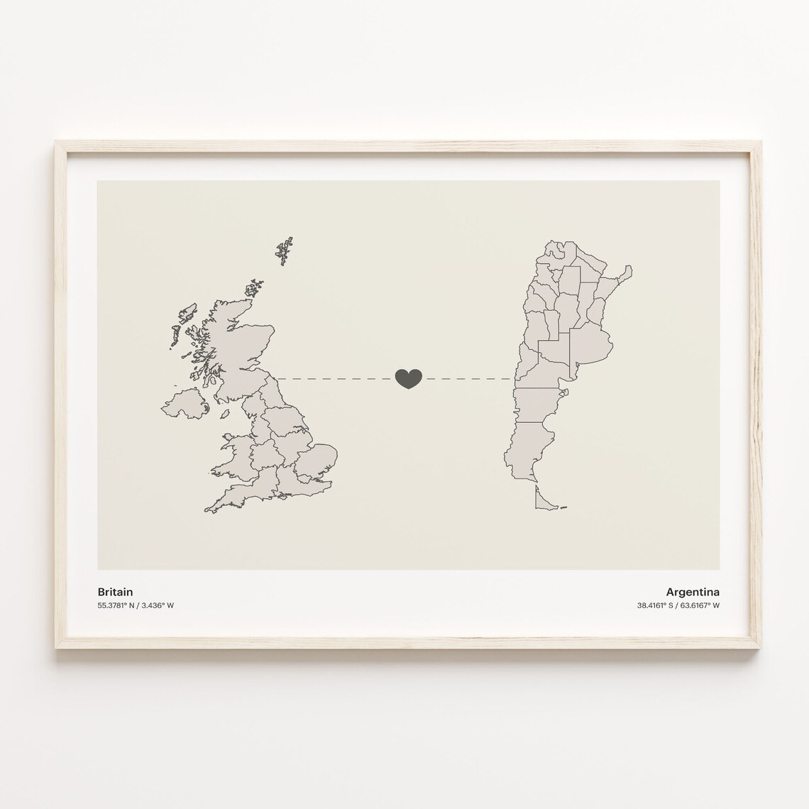 Britain To Argentina Long Distance Love Heart Map Minimalist Poster