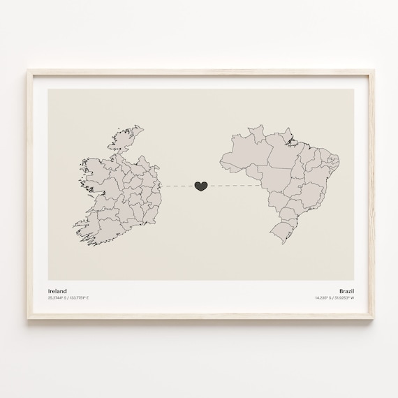 Ireland Brazil Heart Connection Map Poster for Long Distance