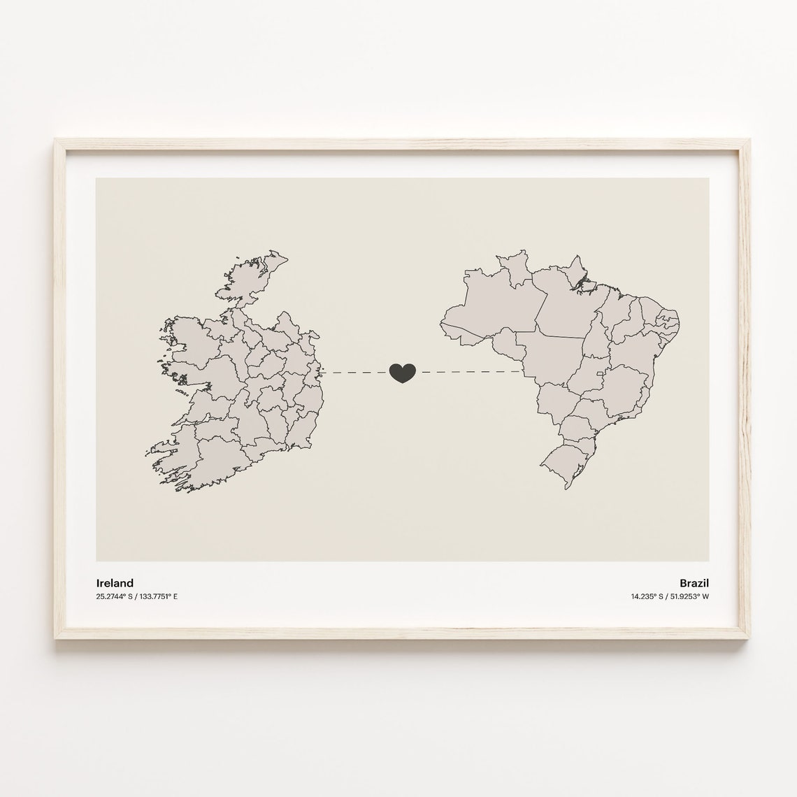 Ireland Brazil Heart Connection Map Poster for Long Distance