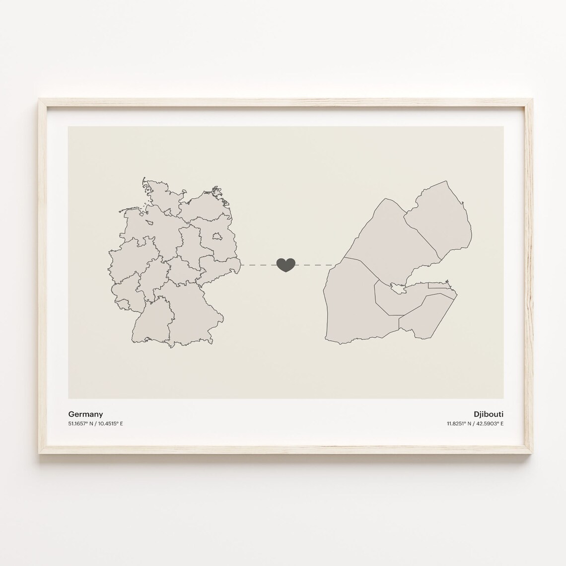 Germany to Djibouti Minimalist Long Distance Heart Map Connection Poster