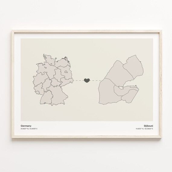 Germany to Djibouti Minimalist Long Distance Heart Map Connection Poster