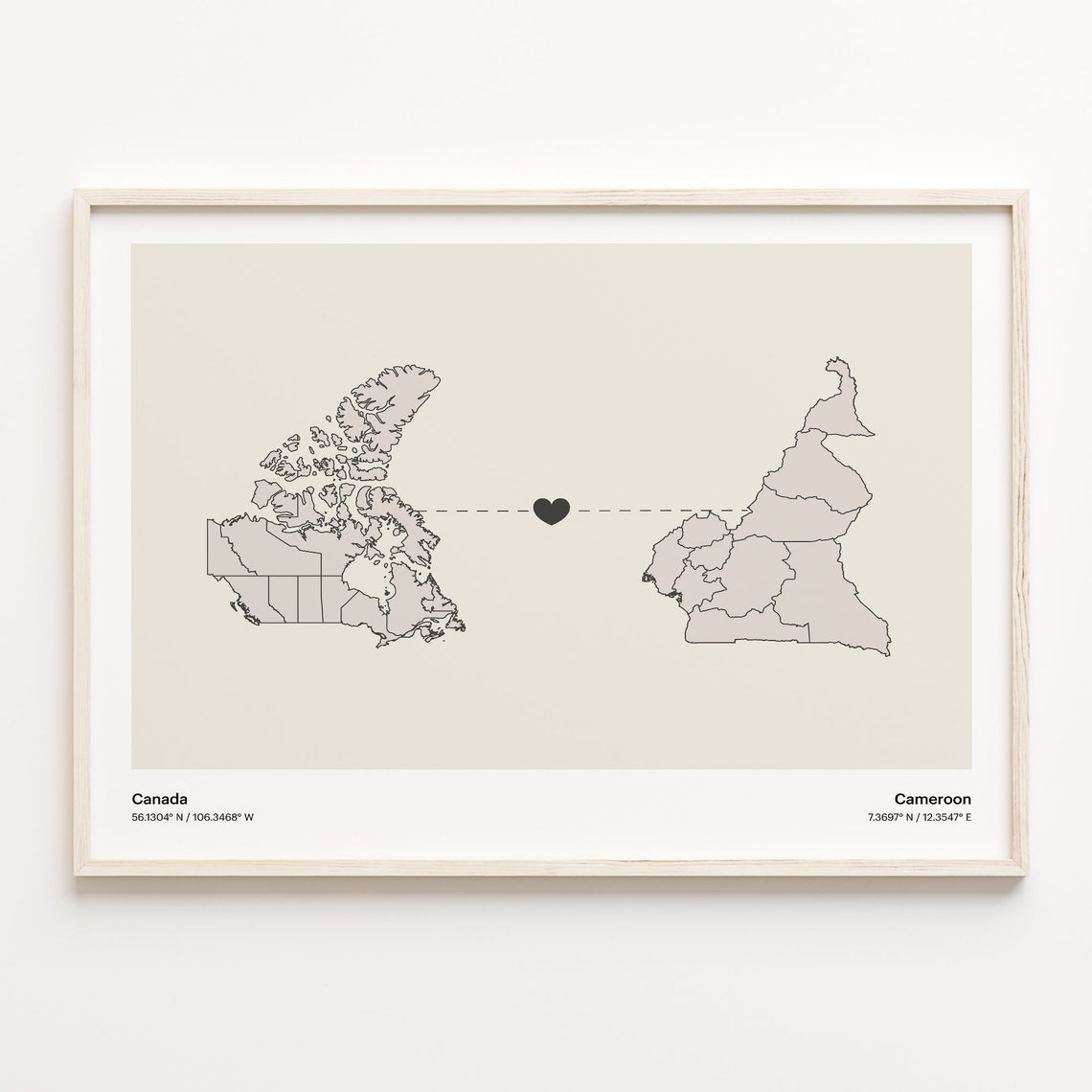 Canada To Cameroon Long Distance Love Minimalist Map Art Poster
