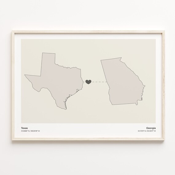 Texas to Georgia Heart Connection Map Poster Gift for Couples
