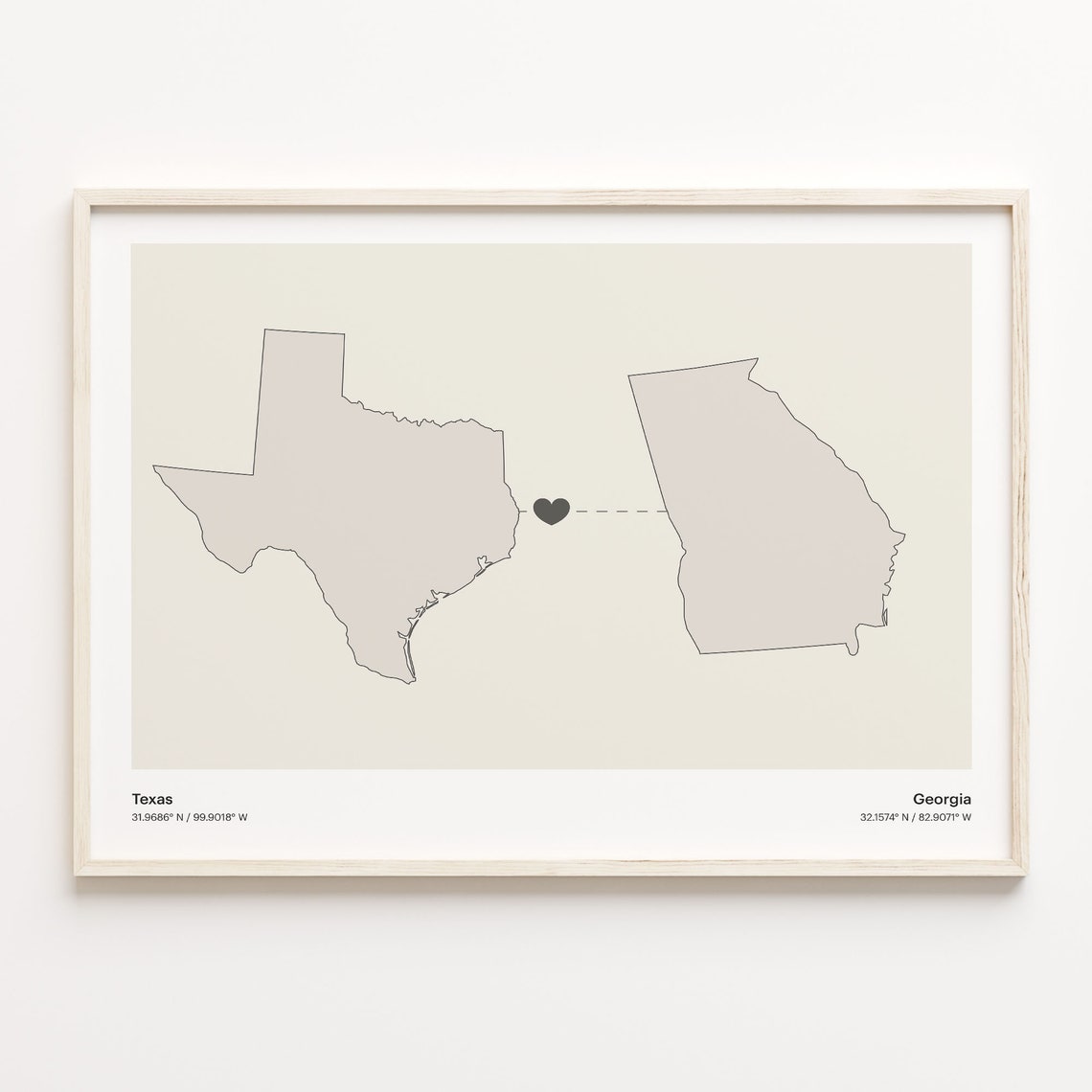 Texas to Georgia Heart Connection Map Poster Gift for Couples