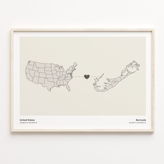 United States To Bermuda Long Distance Heart Connection Map Poster