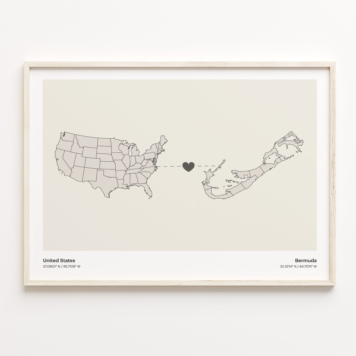 United States To Bermuda Long Distance Heart Connection Map Poster