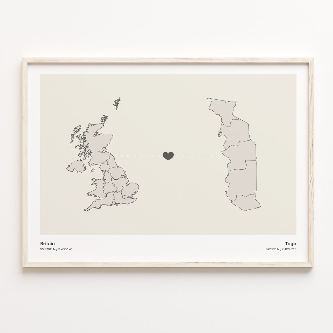 Britain Togo Heart Connection Long Distance Love Story Map Poster