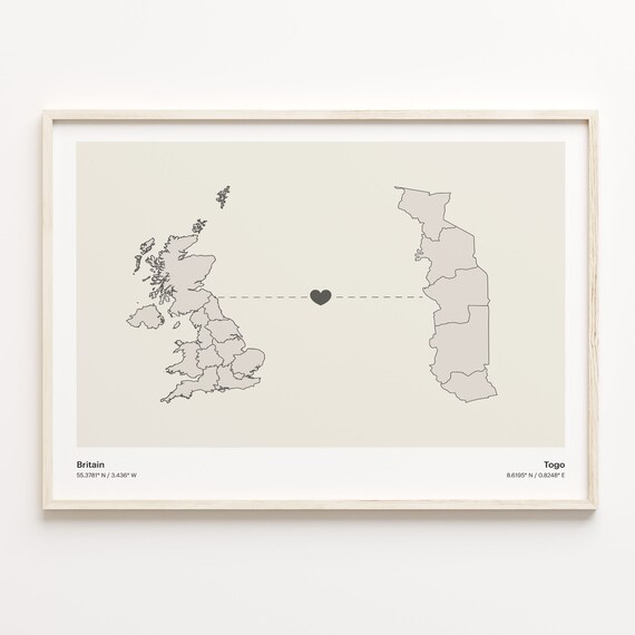 Britain Togo Heart Connection Long Distance Love Story Map Poster