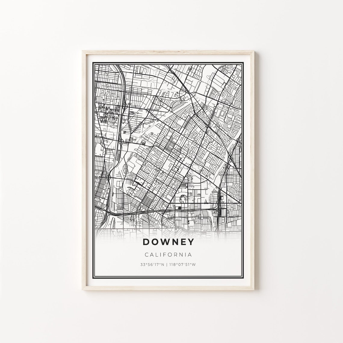 Downey California City Map Minimalist Black and White Decor Poster