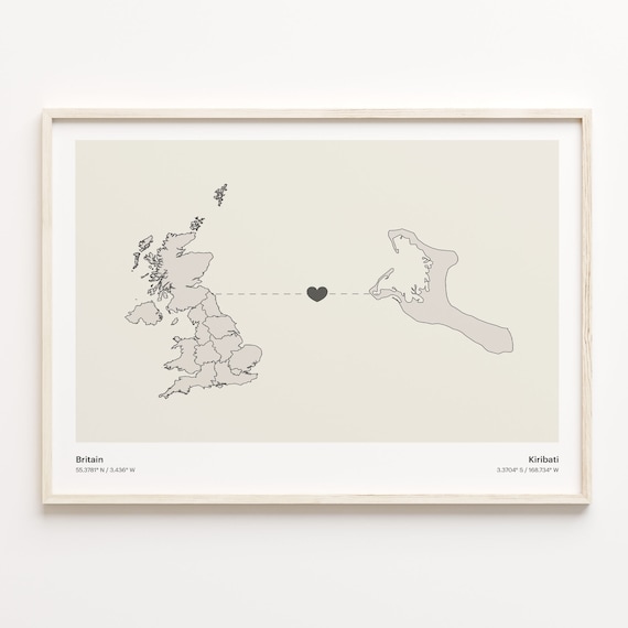 Britain To Kiribati Minimal Heart Country Connection Map Poster