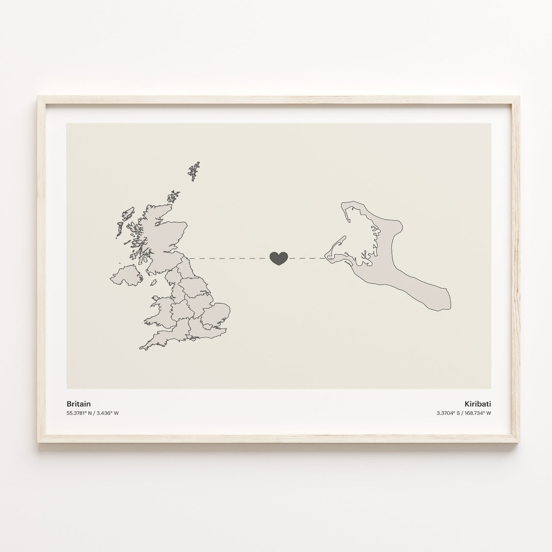 Britain To Kiribati Minimal Heart Country Connection Map Poster