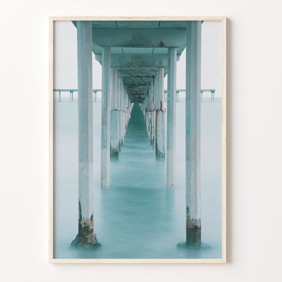 Ocean Pier Pillars in Turquoise Water Minimalist Coastal Surf Poster