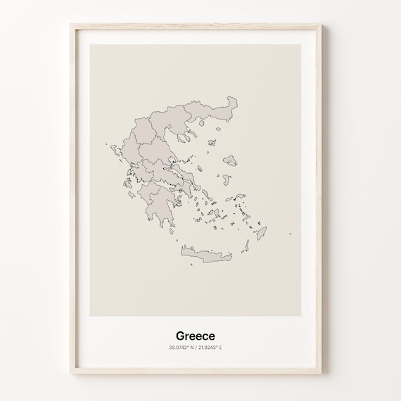 Greece Beige Minimalist Line Art Country Map Coordinates Poster