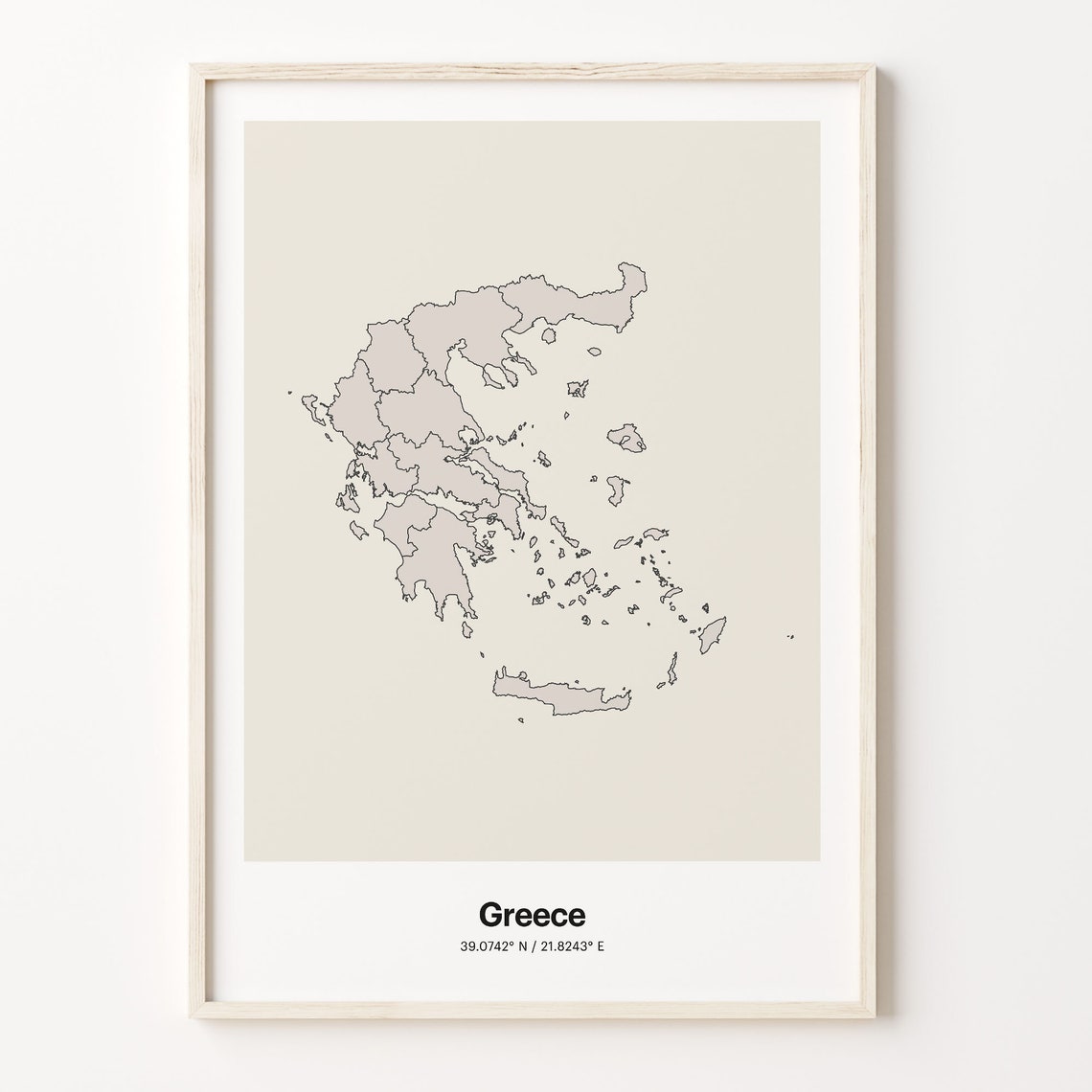 Greece Beige Minimalist Line Art Country Map Coordinates Poster