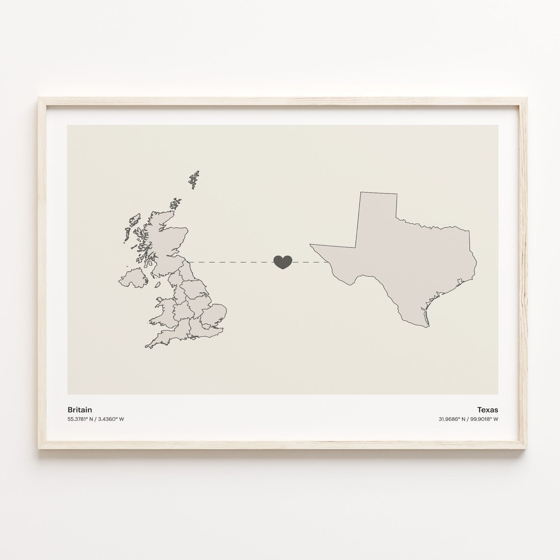 Britain to Texas Minimalist Long Distance Connection Map Poster