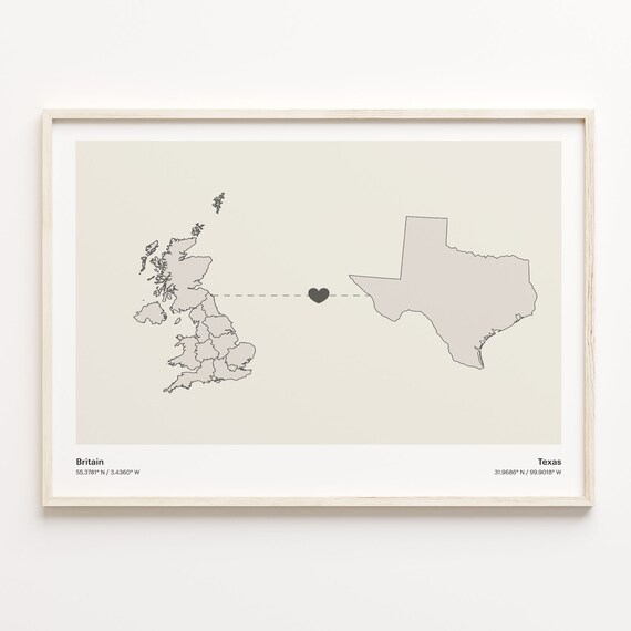 Britain to Texas Minimalist Long Distance Connection Map Poster