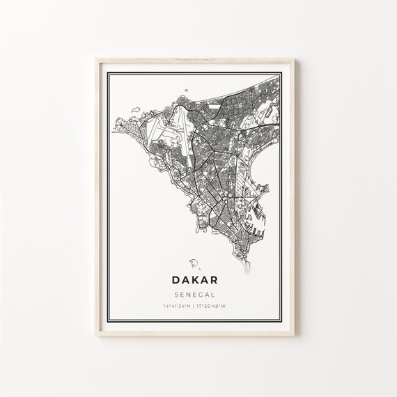 Dakar City Map Art Print, Modern Black and White
