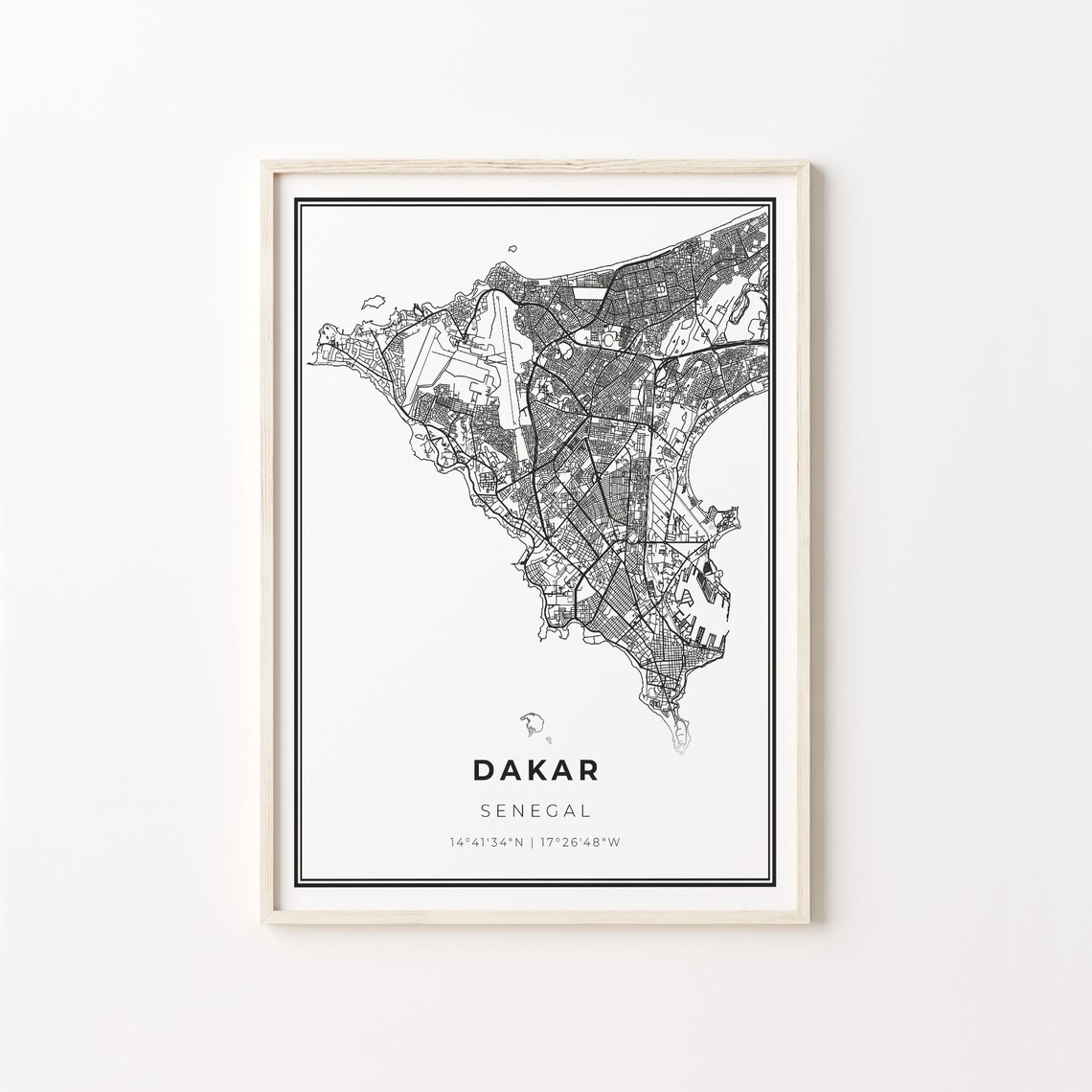 Dakar City Map Art Print, Modern Black and White