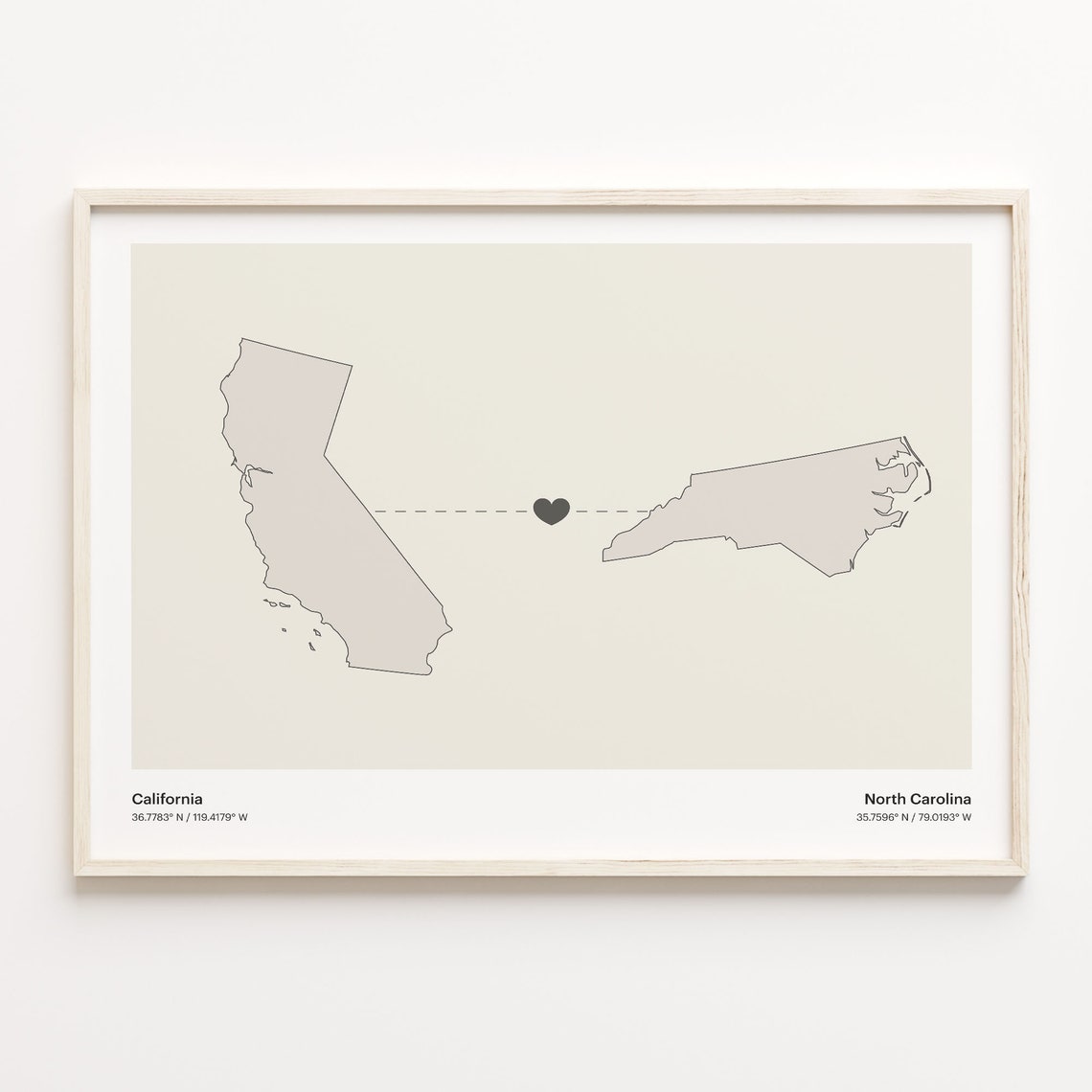California To North Carolina Long Distance Heart Map Gift Poster