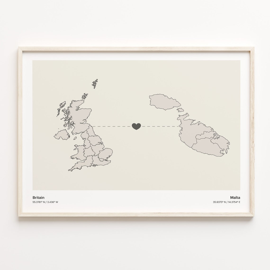 Britain To Malta Minimalistic Heart Love Connection Map Poster