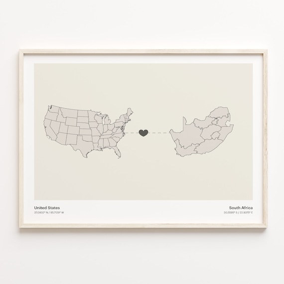 United States To South Africa Long Distance Heart Map Minimalist Poster