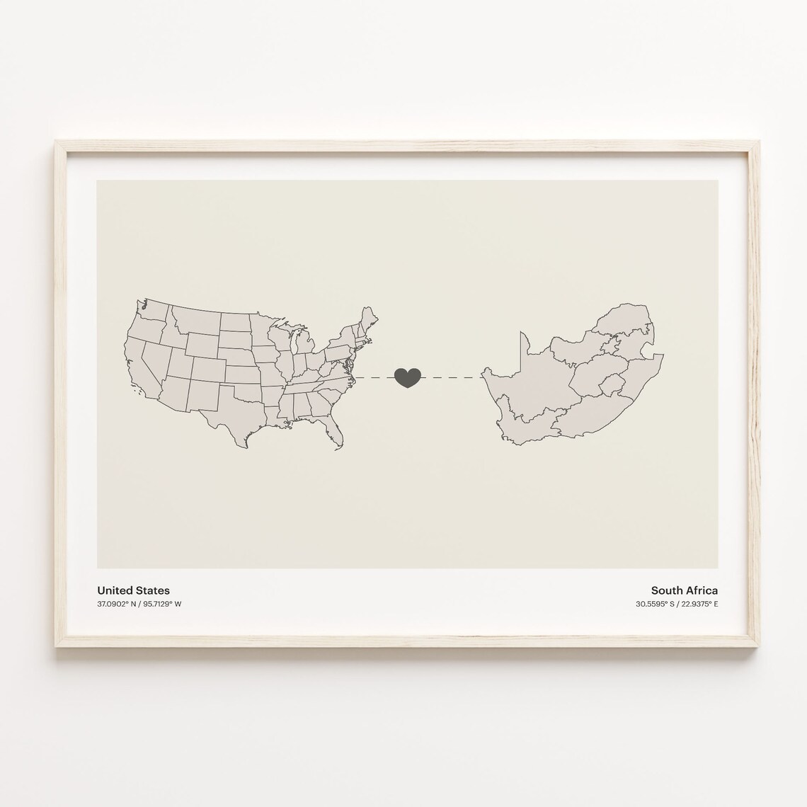 United States To South Africa Long Distance Heart Map Minimalist Poster