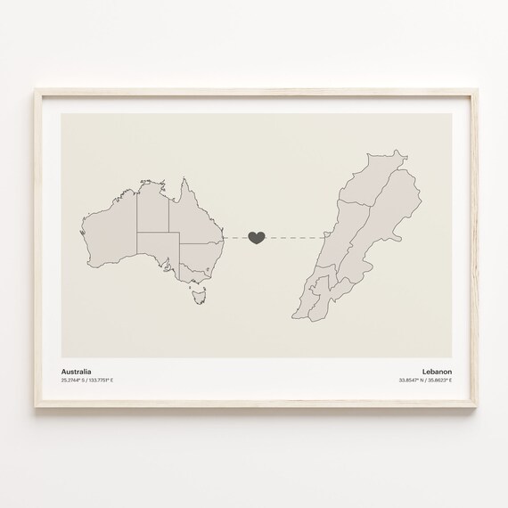 Australia to Lebanon Minimalist Heart Couple Connection Map Poster
