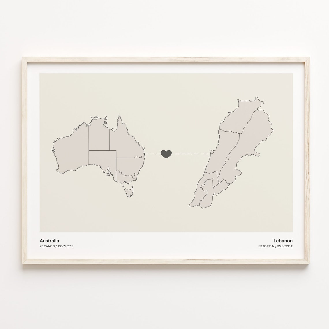 Australia to Lebanon Minimalist Heart Couple Connection Map Poster