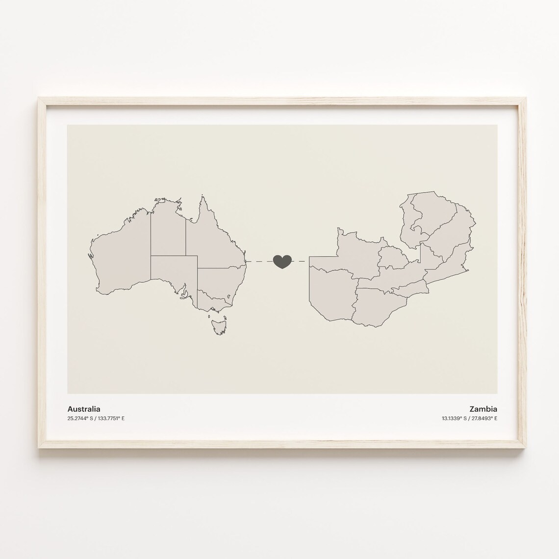 Australia and Zambia Minimalist Long Distance Heart Map Connection Poster