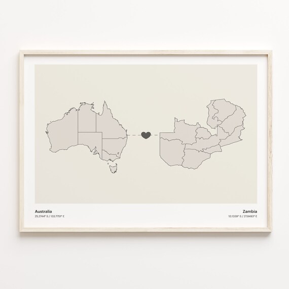 Australia and Zambia Minimalist Long Distance Heart Map Connection Poster