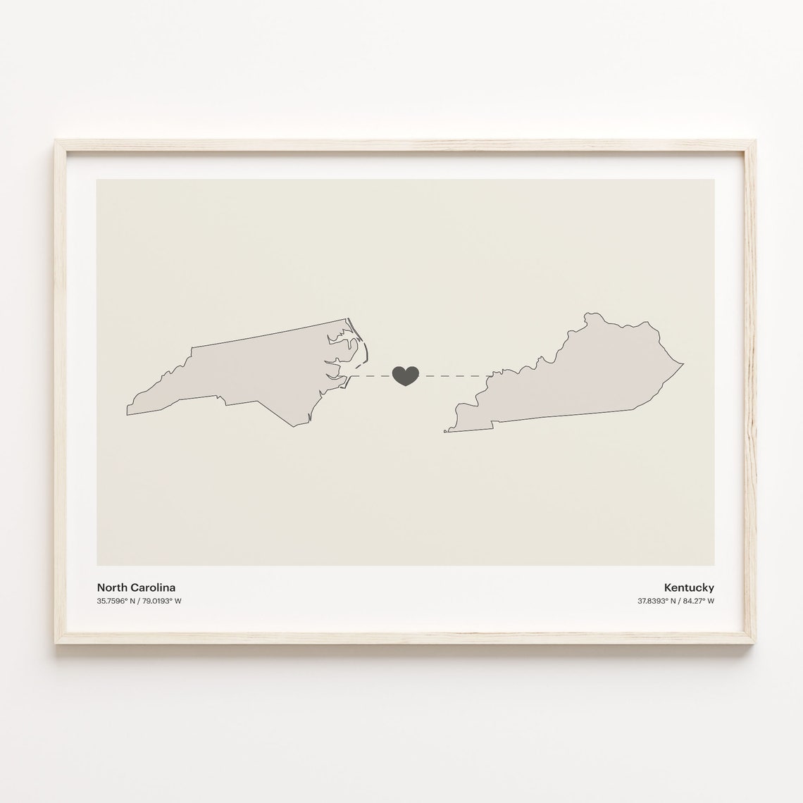 North Carolina To Kentucky Heart Connected Places Map Art Poster