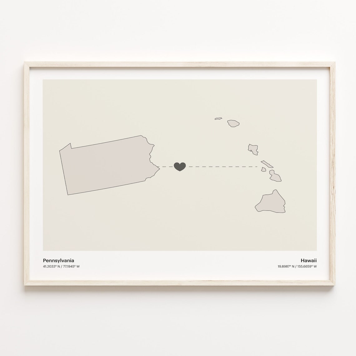 Pennsylvania Hawaii Long Distance Love Connection Heart Map Poster