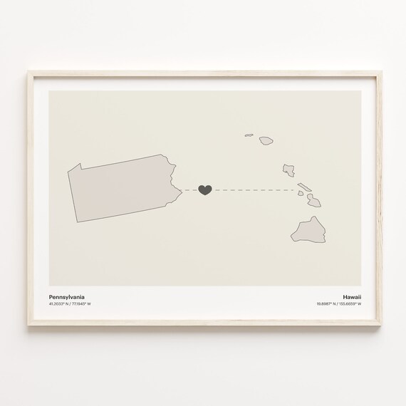 Pennsylvania Hawaii Long Distance Love Connection Heart Map Poster
