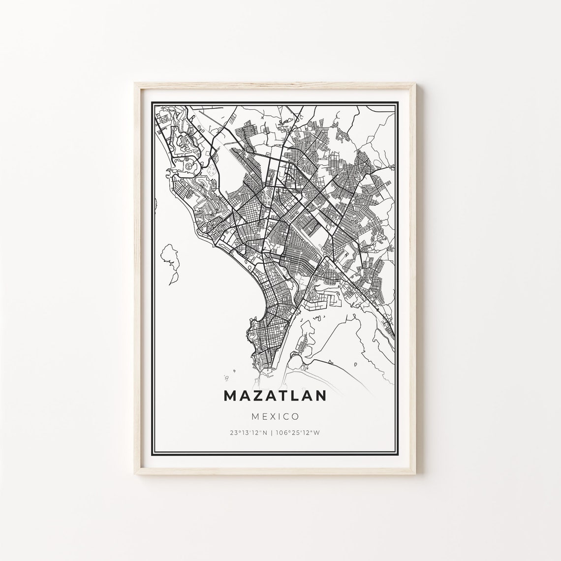 Mazatlan Mexico Modern Black And White Street Map Coordinates Poster