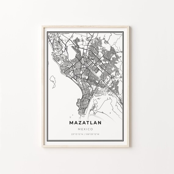 Mazatlan Mexico Modern Black And White Street Map Coordinates Poster