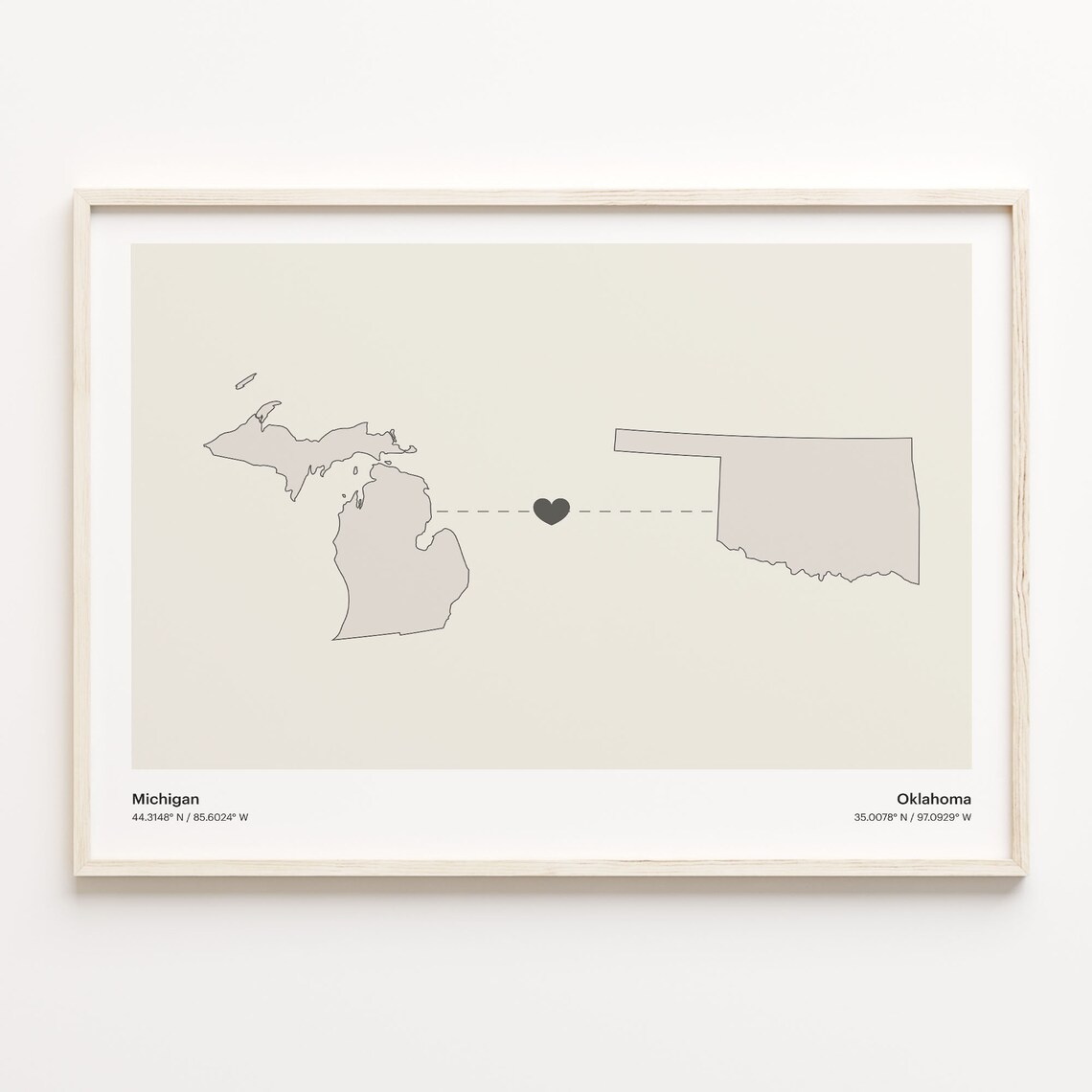 Michigan to Oklahoma Minimalist State Connection Map Print