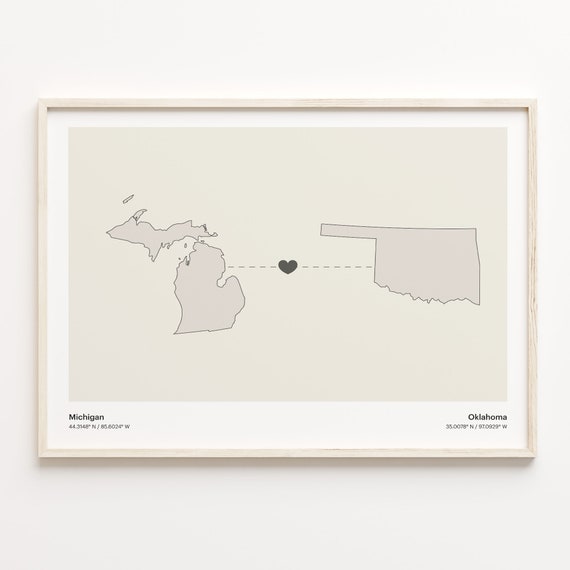 Michigan to Oklahoma Minimalist State Connection Map Print