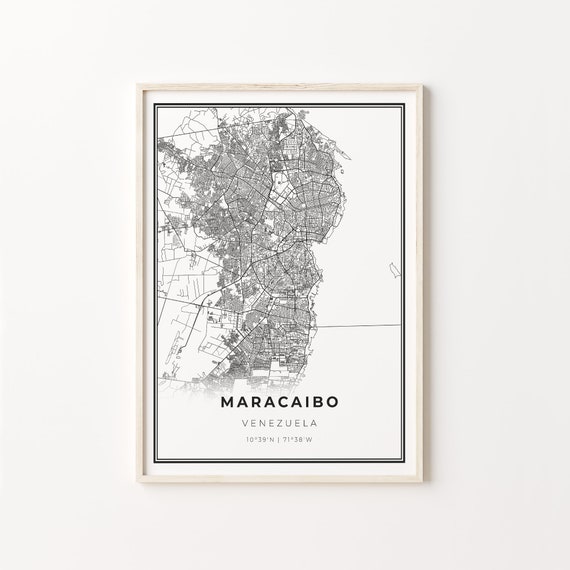 Maracaibo City Map Art Print, Black And White Style