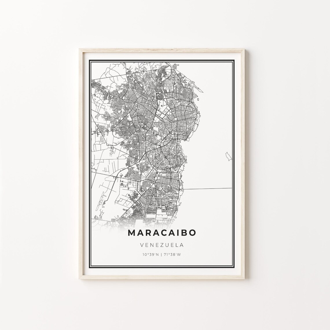 Maracaibo City Map Art Print, Black And White Style