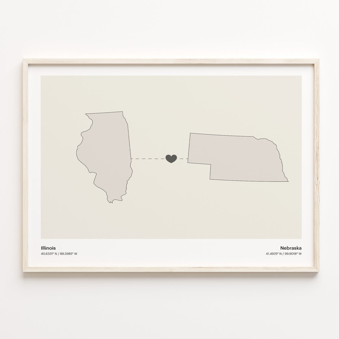 Illinois To Nebraska Print Nebraskan Gift Minimalistic State Connection Map Poster Travel Wall Art Adventure Awaits C211484