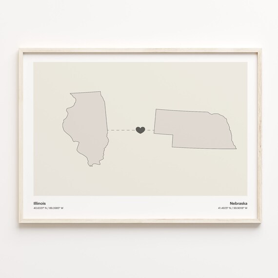 Illinois and Nebraska Long Distance Heart Connection Map Print