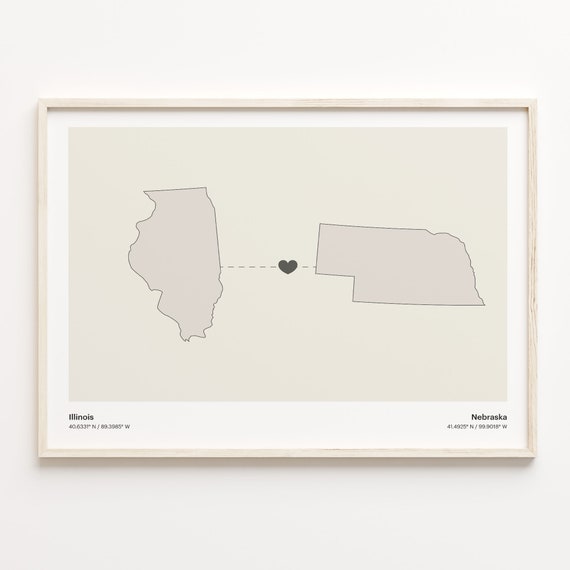 Illinois To Nebraska Print Nebraskan Gift Minimalistic State Connection Map Poster Travel Wall Art Adventure Awaits C211484