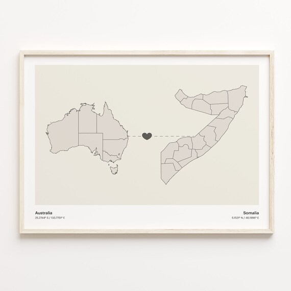 Australia and Somalia Minimalist Long Distance Heart Map Connection Poster