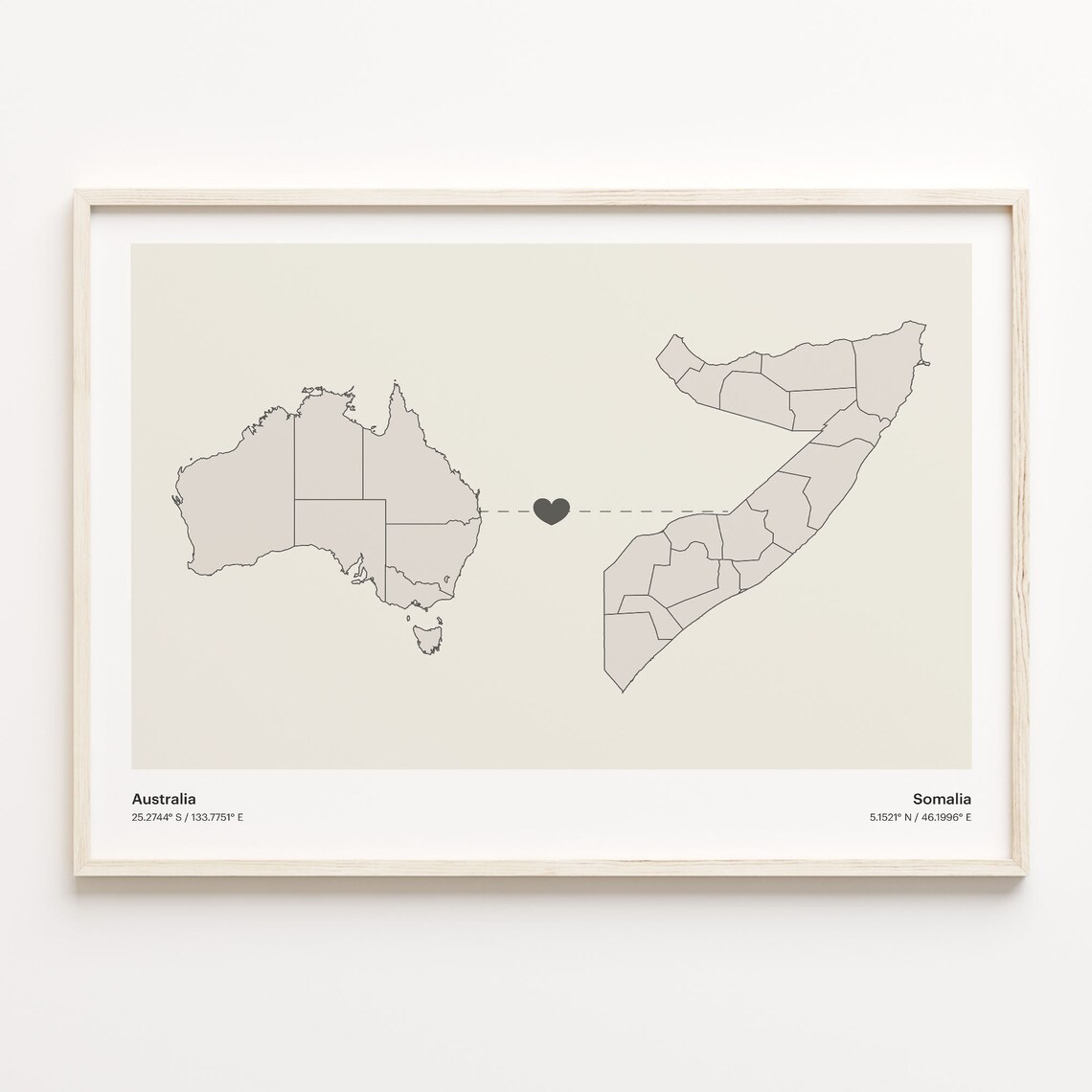 Australia and Somalia Minimalist Long Distance Heart Map Connection Poster
