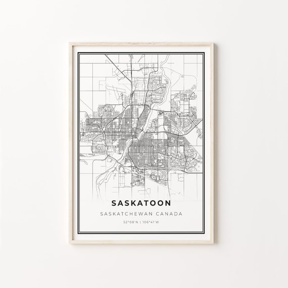 Saskatoon City Map Art Print, Black And White