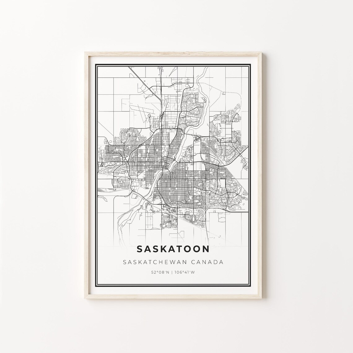 Saskatoon City Map Art Print, Black And White
