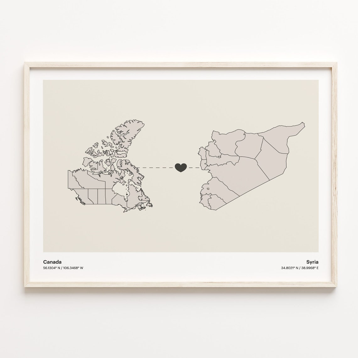 Canada Syria Long Distance Heart Map Minimalist Love Gift Print