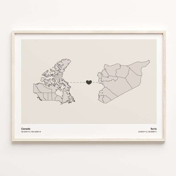 Canada Syria Long Distance Heart Map Minimalist Love Gift Print