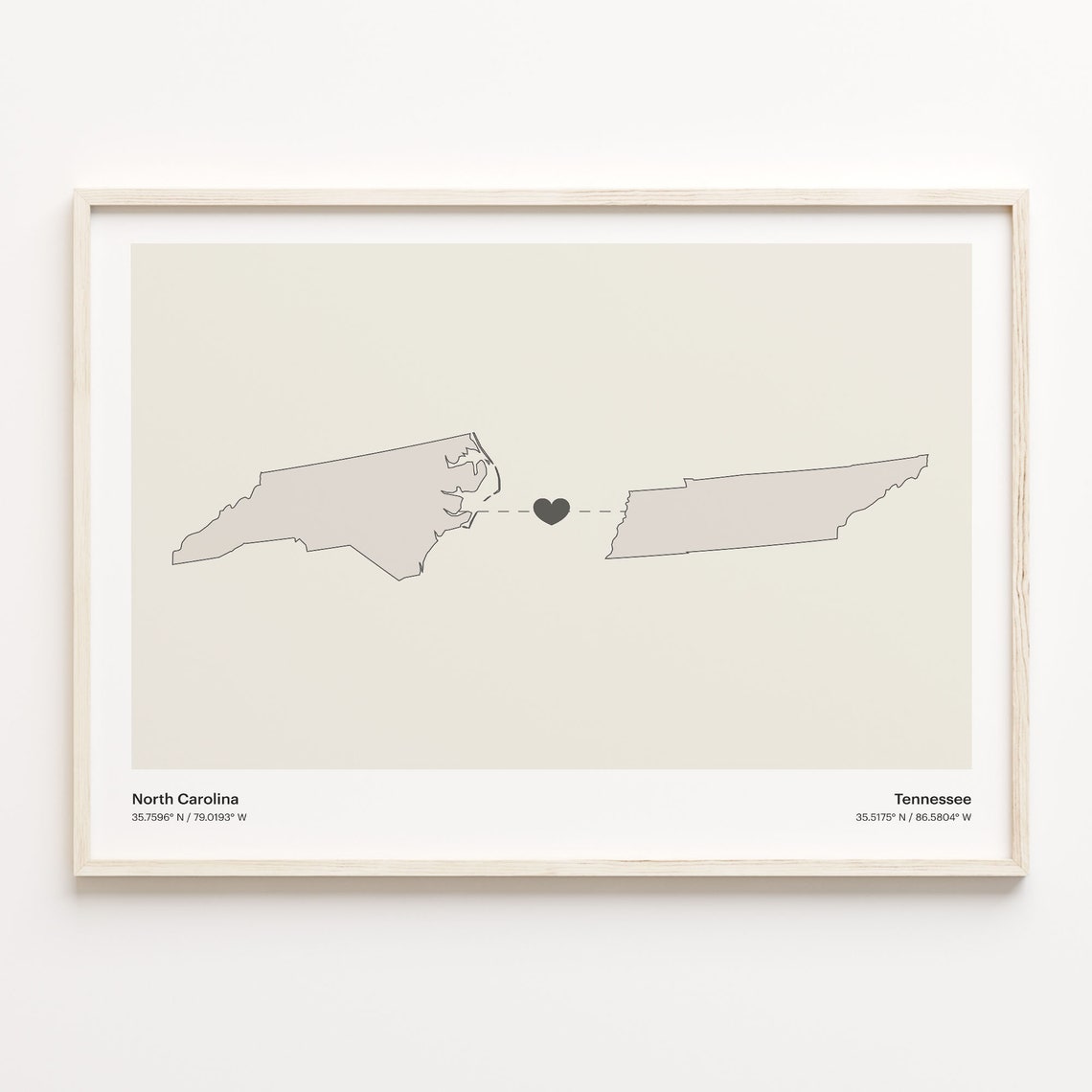 North Carolina Tennessee Beige Minimalist Heart Connection Map Poster
