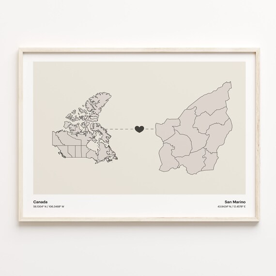 Canada and San Marino Minimalist Long Distance Heart Map Connection Poster